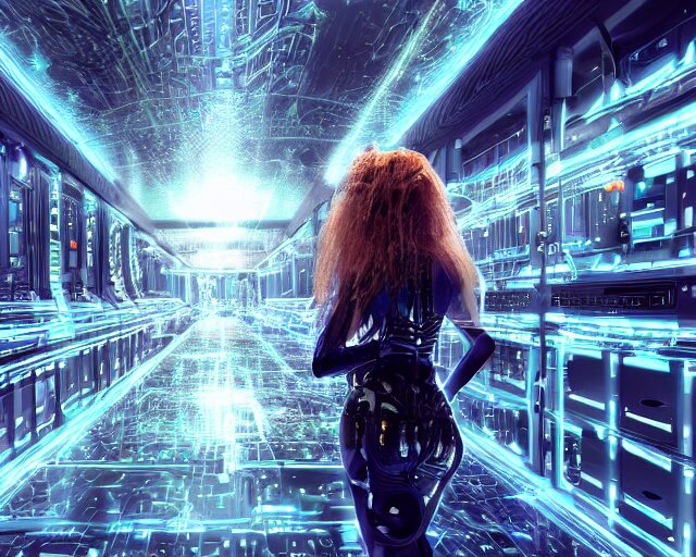 glowing hair, server room, complex cybernetic beings, beautiful hairy humanoids, cybergods, cybermagnetosphere, cybernetic civilizations, ornate hair, love, joy, vortexes, large arrays, data holograms, 8 k, cinematic light shadows, wet hdr refractions 