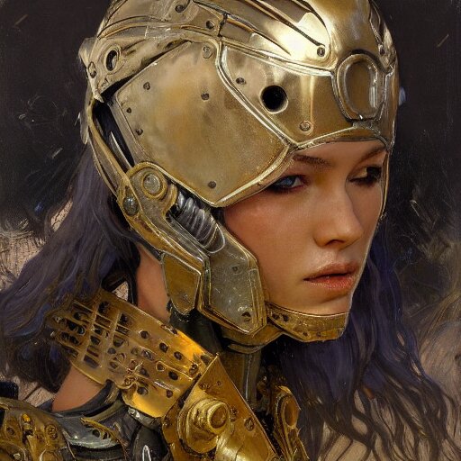 Portrait girl face metal cyborg armor and metal horse by gaston bussiere, anna nikonova aka newmilky, greg rutkowski, yoji shinkawa, yoshitaka amano, tsutomu nihei, donato giancola, geoffroy thoorens, gustav klimt, trending on artstation, featured on pixiv