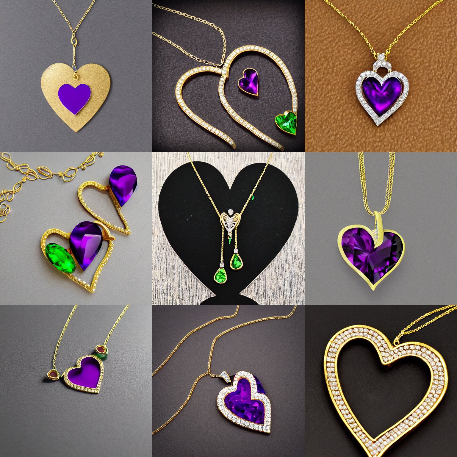 gold and diamond thin curly heart shaped necklace hanger with fine purple and green stones, very realistic, ultra detailed, centered, photograph, elegant, on black background 