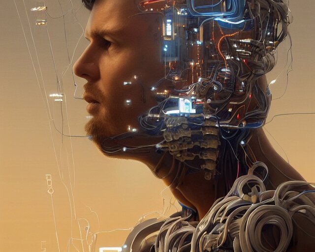 a hyperrealistic painting of a human cyborg with cables coming out from his limbs connected to supercomputers, flood of images flowing from his head, tesseract, by greg rutkowski, artgerm, yakihiko yoshida and beeple, trending on artstation, concept art, insane details, zoomed out 
