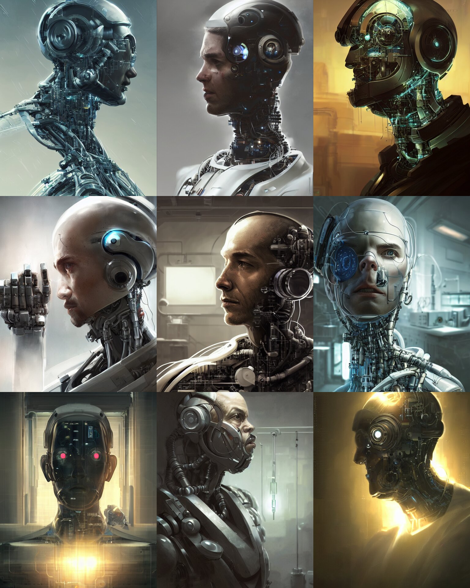 a laboratory operator man with cybernetic enhancements, zoomed out portrait, scifi character portrait by greg rutkowski, craig mullins, daytoner, cinematic lighting, dystopian scifi gear, profile picture, mechanical, cyborg, half robot 