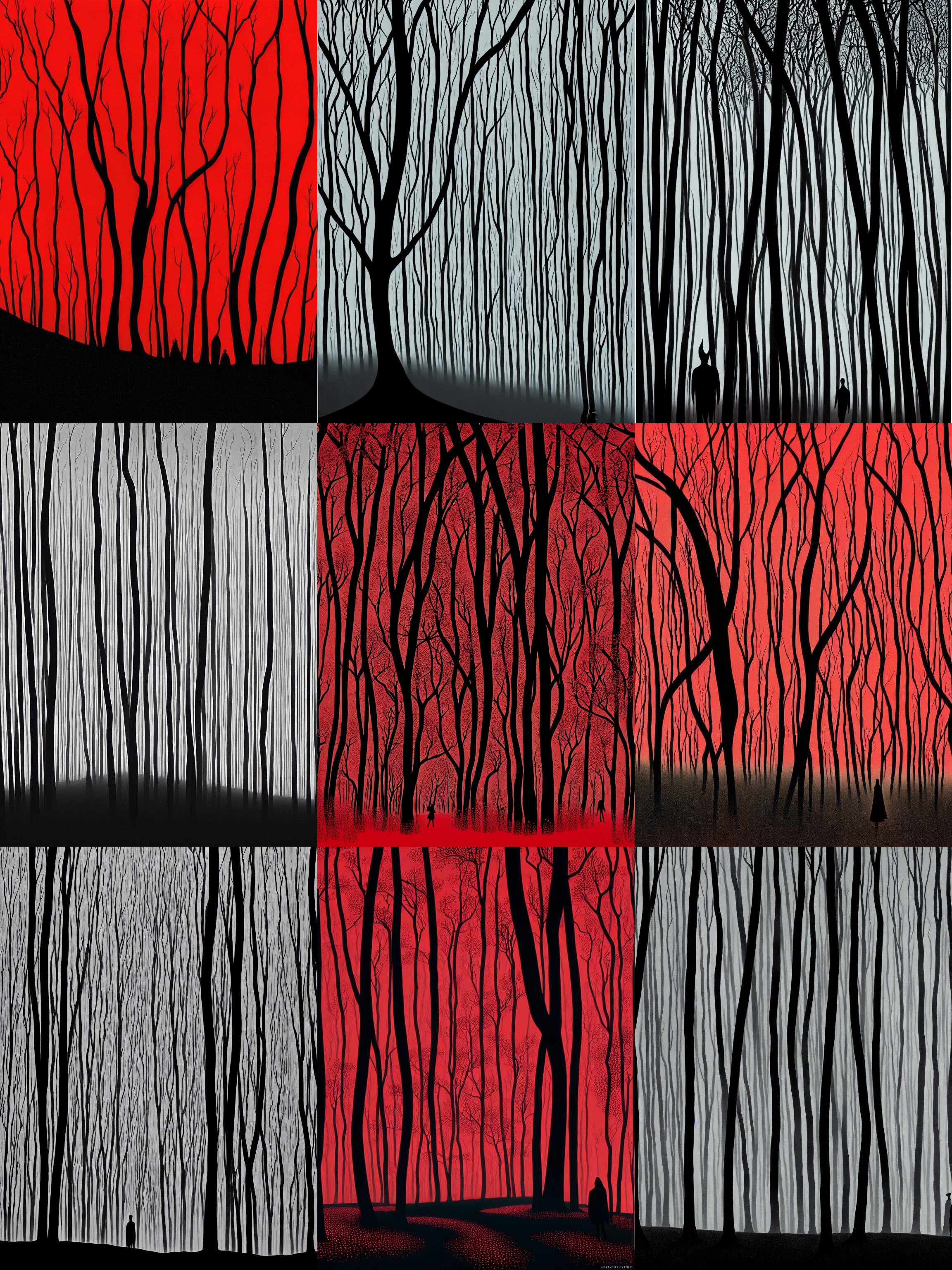 an ominous, slender black stylized silhouette walking towards an epic forest of red trees by eyvind earle, centered composition, symmetrical 