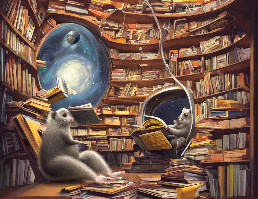 student possum reading a book in a cluttered library inside a futuristic spacecraft with views of the universe, chris moore, trending on artstation 
