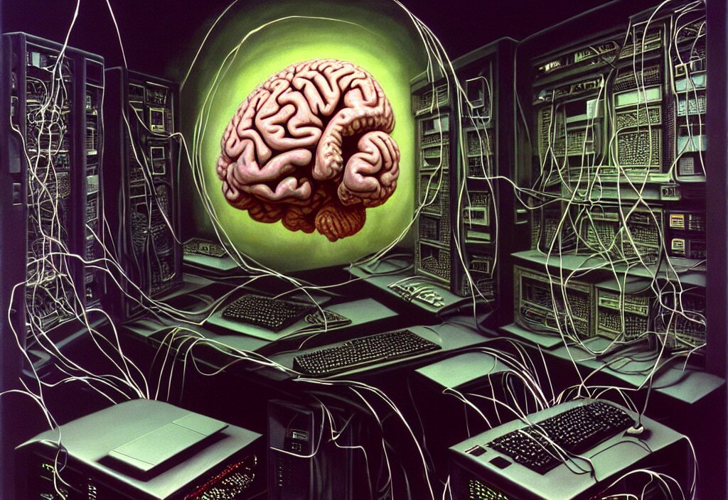 realistic detailed photo rendered in octane 3d , of a big human brain connected with wires and cords to an old PC computers from 90s in a server room by Francis Bacon , by H.R. Giger, by Ayami Kojima, Amano, Karol Bak, Greg Hildebrandt, and Mark Brooks , rich deep colors. Beksinski painting, art by Takato Yamamoto. masterpiece. rendered in blender, ultra realistic, smooth shading, ultra detailed, high resolution, cinematic, unreal 6
