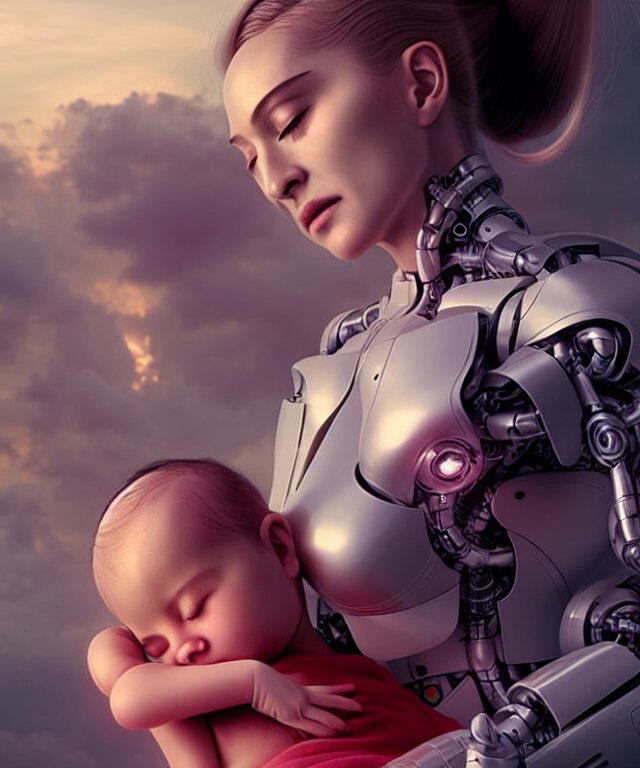 realistic detailed photo of futuristic cyborg-madonna holding a newborn baby child in hands , artwork by Tooth Wu and wlop and beeple, greg rutkowski. still from a 2021 movie by Terrence Malick, Tarkovsky, Gaspar Noe, James Cameron,