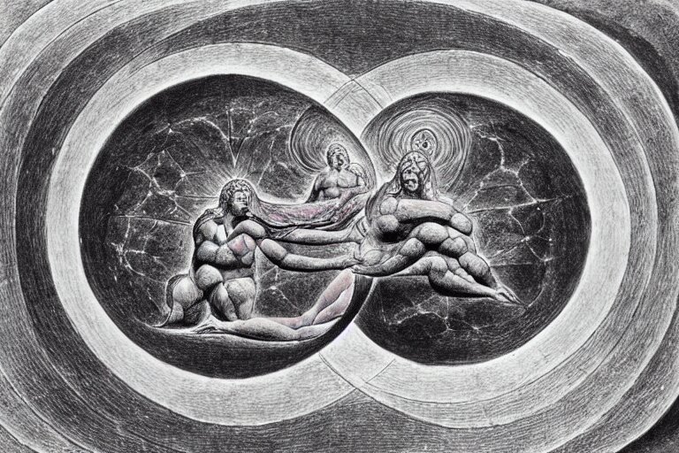 a god giving birth to a new universe and then dissolving itself into it, in the style of william blake, illustration, epic, fantasy, smooth 