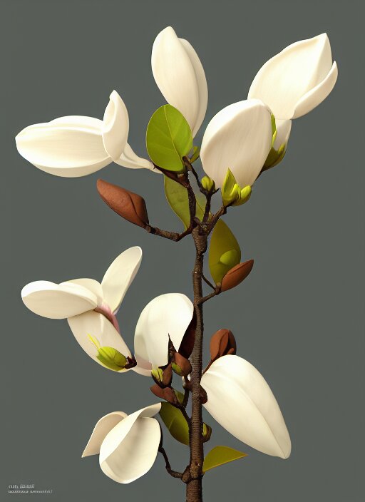 an isolated magnolia plant, full view, centered, 3 d render, art nouveau dark outlines, ultra realistic, transparent background, popular on sketchfab, pixelsquid, 8 k, volumetric lighting, super focused, no blur, trending on artstation, octane render, ultra detailed, hyperrealistic, by james gurney, greg rutkowski and alphonse mucha