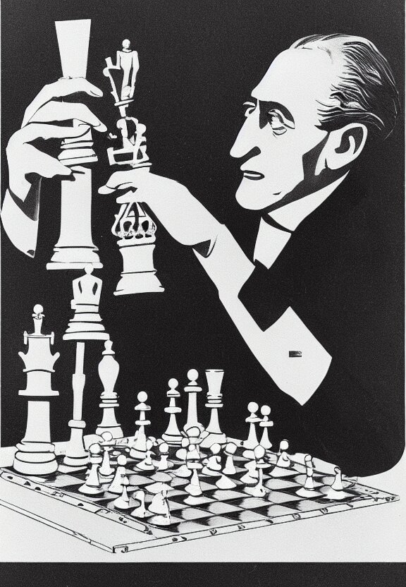a concept drawing of marcel duchamp holding up a chess - piece wire - machine, a surrealist painting by marcel duchamp, complex artificial - intelligence machinery, 1 9 2 0 s 