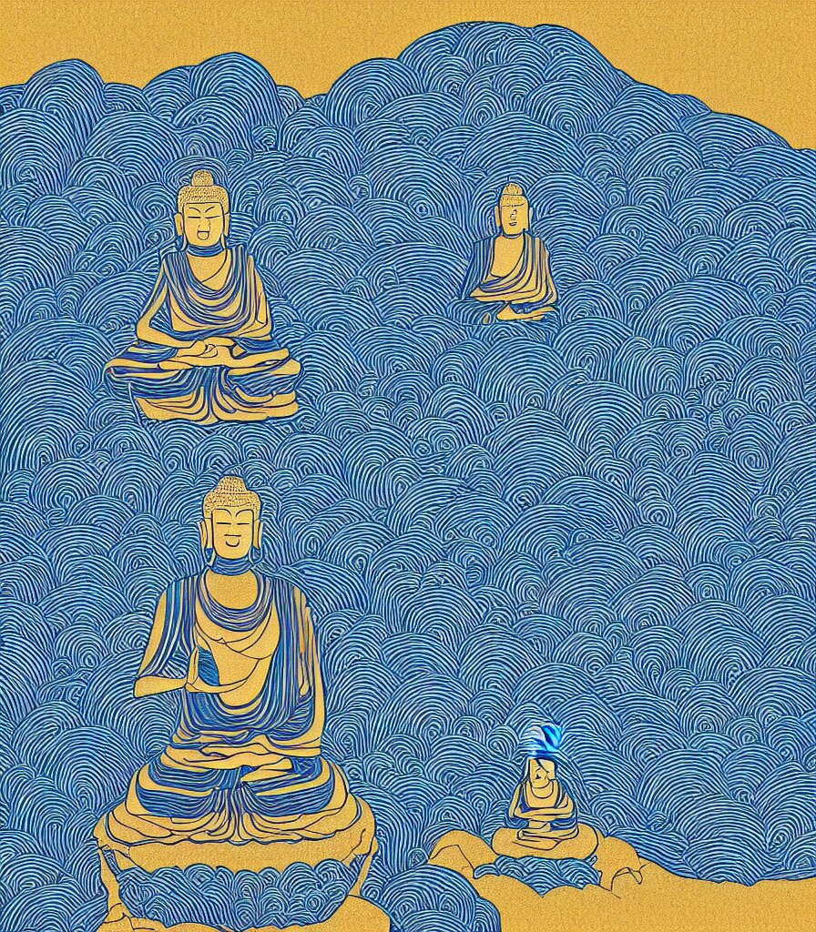a beautiful lineart painting of who buddhas meditating on a big cliff gazing into the universe, 4 k, high resolution, symmetrical lines, blue and gold color scheme, golden ratio 