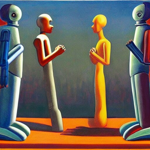 robots praying at a shrine to the last living human, dystopian, surrealist, symmetrical, pj crook, edward hopper, oil on canvas 