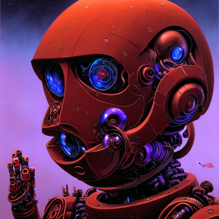 Cinematic bust portrait of psychedelic robot from left, head and chest only, exotic alien features, robotic enhancements, desaturated, tim hildebrandt, wayne barlowe, bruce pennington, donato giancola, larry elmore, oil on canvas, masterpiece, trending on artstation, featured on pixiv, cinematic composition, dramatic pose, beautiful lighting, sharp, details, hyper - detailed, hd, hdr, 4 k, 8 k