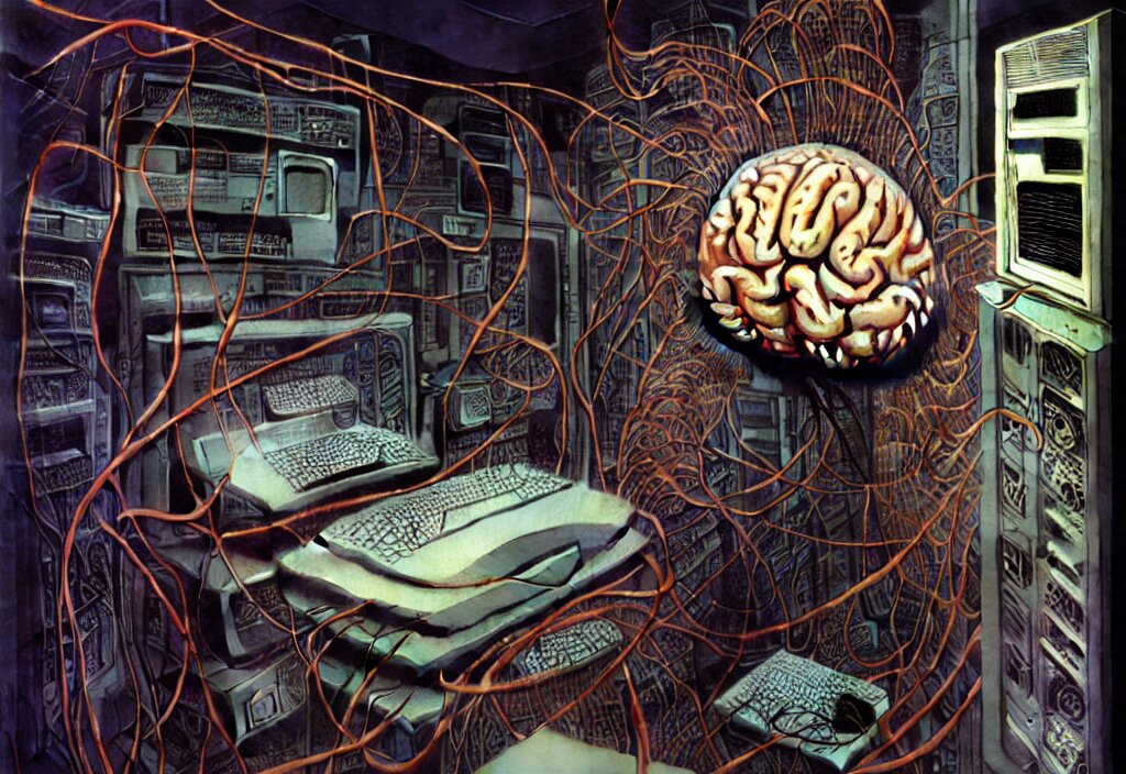 realistic detailed photo rendered in octane 3d , of a big human brain connected with wires and cords to an old PC computers from 90s in a server room by Laurie Lipton, Francis Bacon , by H.R. Giger, by Ayami Kojima, Amano, Karol Bak, Greg Hildebrandt, and Mark Brooks , rich deep colors. Beksinski painting, art by Takato Yamamoto. masterpiece. rendered in blender, ultra realistic, smooth shading, ultra detailed, high resolution, cinematic, unreal 6