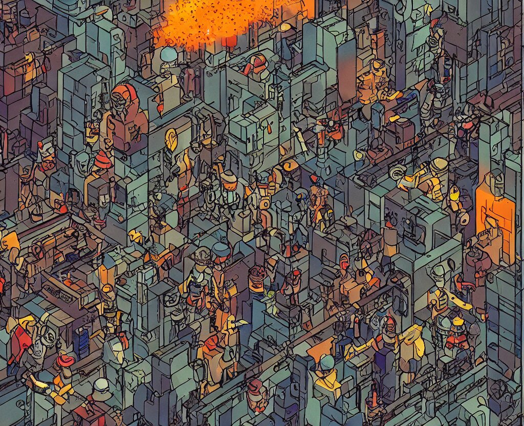 a faceless mob chasing a robot through a glass and steel metropolis, saturated color scheme 