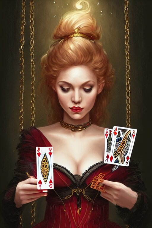 very happy female magician looking the table full of playing cards, fantasy, intricate, elegant, highly detailed, digital painting, artstation, concept art, addiction, chains, smooth, sharp focus, illustration, art by ilja repin 