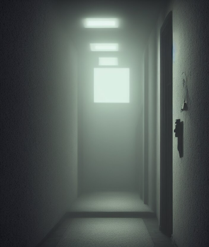 a dark hallway, at the end there is a mysterious illuminated door with a neonsign in the style of rhads, xf iq 4, f / 1. 4, iso 2 0 0, 1 / 1 6 0 s, 8 k, raw, featured in artstation, octane render, cinematic, elegant, intricate, 8 k, 