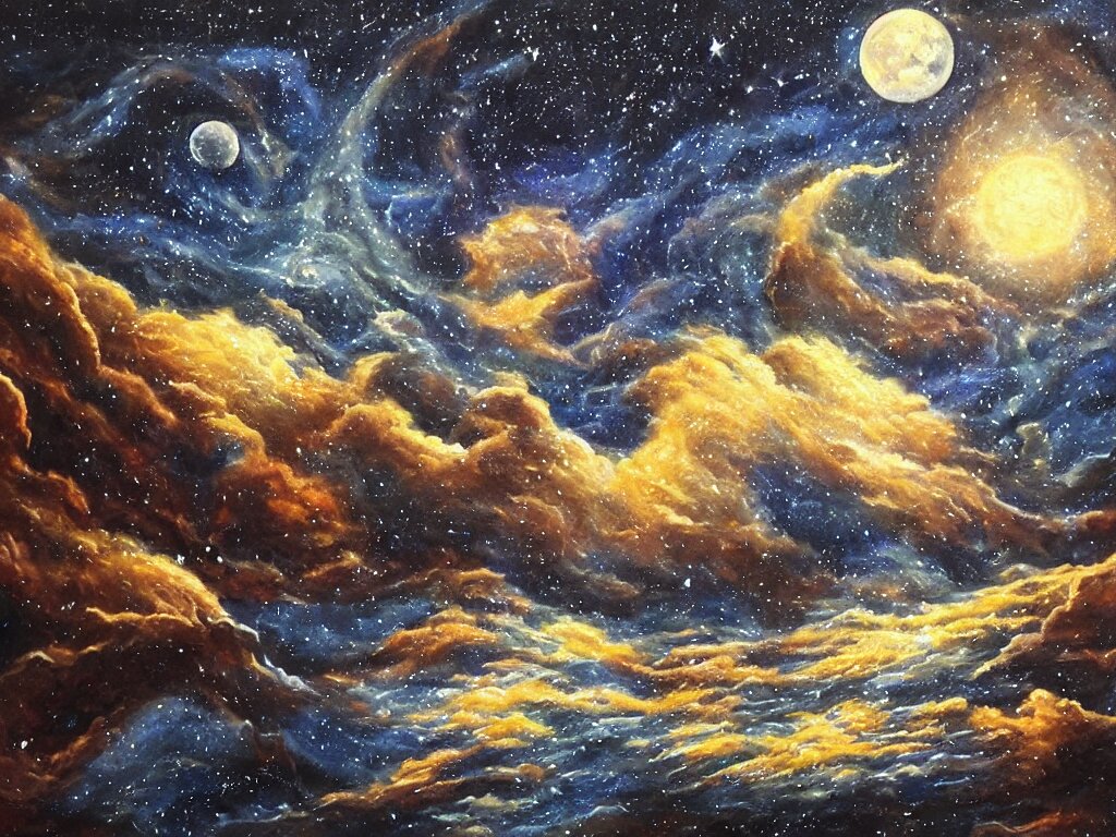 To every living being, and every living soul. Now cometh the age of the stars. A thousand year voyage under the wisdom of the Moon. Here begins the chill night that encompasses all, reaching the great beyond. Into fear, doubt, and loneliness... As the path stretches into darkness. Oil painting, clear, detailed oil, trending on artstation, fantasy, monochromatic colour palette, dark colours, in the style of Alena Aenami, 4k, digital, dark aesthetic, lantern party