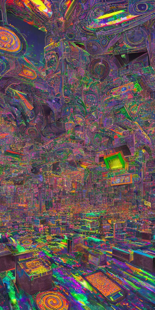 impossibly beautiful monolithic shrine to technology that extends to the heavens, people charge their devices and worship at the base of the shrine, intricate complexity, horror, rainbow drip paint, psychedelic glitch art, trending on art station, photoreal, 8k, octane render