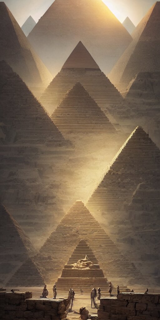 Symmetry! Egyptian Gods Building the Pyramids, Surreal, Dreamlike, Lucid Dream, Very Detailed, Perfect Lighting, Perfect Composition, 4K, Artgerm, Derek Zabrocki, Greg Rutkowski. Taken with a Nokia Lumia 1020