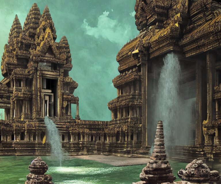 A beautiful matte rendering of a magnificent ancient cambodian temple shrine with green mist falling from the top of the shrine to the ground, by beeple and tomasz alen kopera and greg rutkowski and beksinski, trending on artstation, myportfolio, unreal engine, 8 k, octane render, dynamic lighting, cinematic lighting. change the color of the mist to green