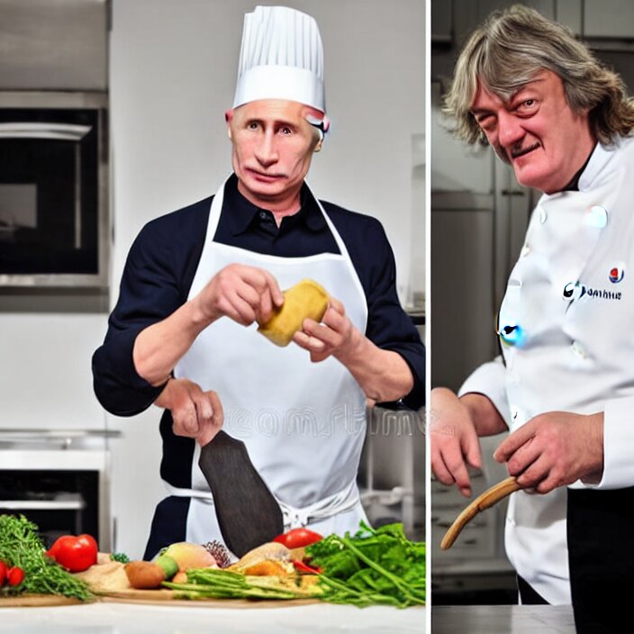 Vladimir Putin and James May in white apron in kitchen cooking dinner. Fake stock photo, satire. make it look like a scene from The Wolf of Wall Street