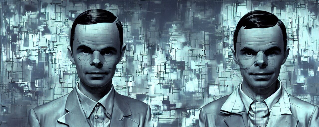 duotone futistic white scifi 3 / 4 portrait of alan turing conducting turing test with ai. scifi far future atmosphere. cinematic scene volumetric lighting. golden rario accidental renaissance. concept by stanley kubrick dr strangelove style and sergey kolesov and ruan jia and heng z. graffiti art, scifi, fantasy, hyper detailed. octane render. trending on artstation 