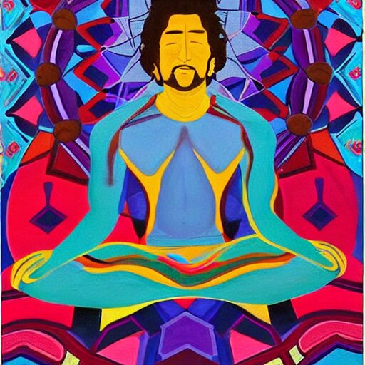 A beautiful painting of a man with a large head, sitting in what appears to be a meditative pose. His eyes are closed and he has a serene look on his face. His body is made up of colorful geometric shapes and patterns that twist and turn in different directions. It's almost as if he's sitting in the middle of a kaleidoscope! electric purple by Peter Holme III, by Phoebe Anna Traquair ghostly, sinister