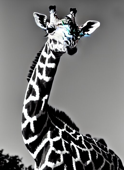 giraffe black and white portrait white sky in background 