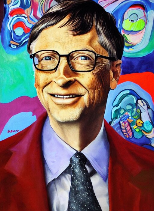 photo portrait painting of Bill Gates on mushrooms, exposing himself to art. Make him real bill gates