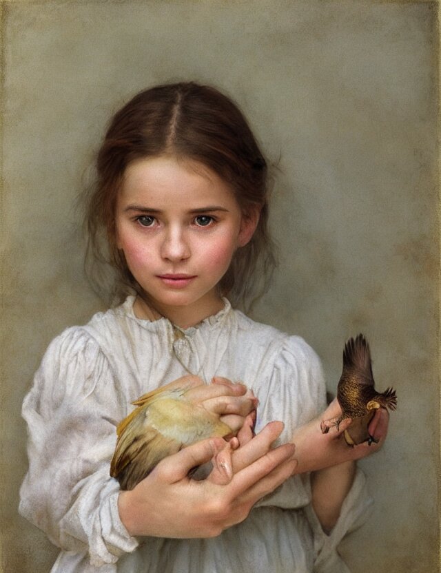 Little peasant girl holding bird in her hands, cottage core, cinematic focus, polaroid photo bleached vintage pastel colors high - key lighting, soft lights, foggy, to become old by steve hanks, by lisa yuskavage, by serov valentin, by tarkovsky, 8k render, detailed, oil on canvas. Become old