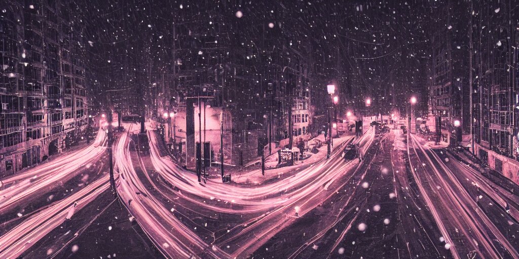 Night City Street by Cyberpunk Photographer. Snowing. Photograph. Cyberpunk. Sharp focus. Intricate detail. Desolate. Drone shot. High resolution. 8k. Neon streetlights. Wires hanging down everywhere. Add a Noir atmosphere to the image by darkening the colors and adding deep shadows.