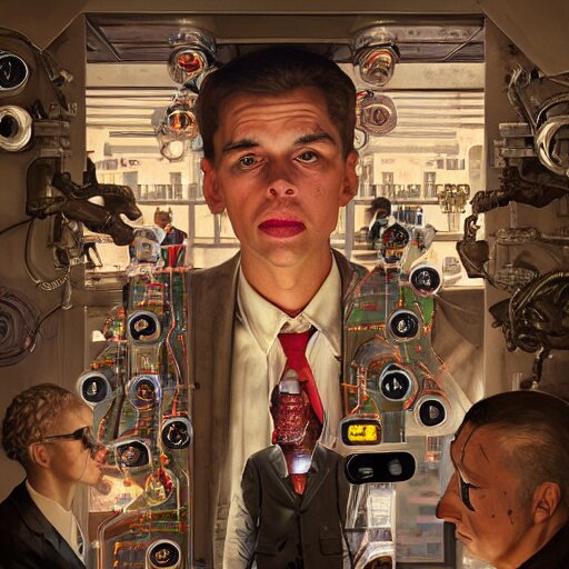 an ai controlled machine with translucent tubes that are pumping images of popular media into the heads of zombies who wearing designer clothing while taking selfies in new york city. sci - fi, fantasy, intricate, elegant, highly detailed, digital painting, smooth, sharp focus, illustration, beautiful light and shadows, by norman rockwell 