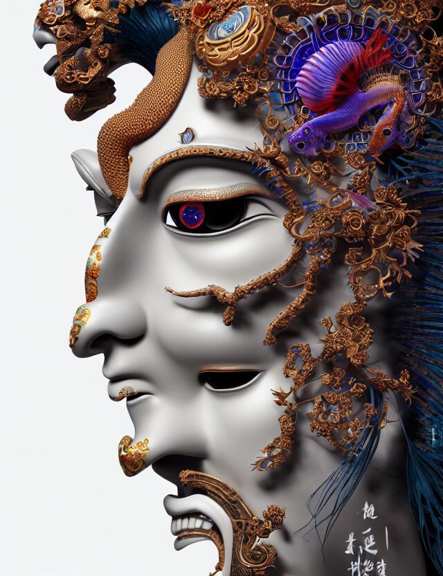 3 d goddess close up profile portrait with skull. beautiful intricately detailed chinese peking opera mask and clasical chinese cheongsam. betta fish, jellyfish phoenix, bio luminescent, plasma, ice, water, wind, creature, artwork by tooth wu and wlop and beeple and greg rutkowski 