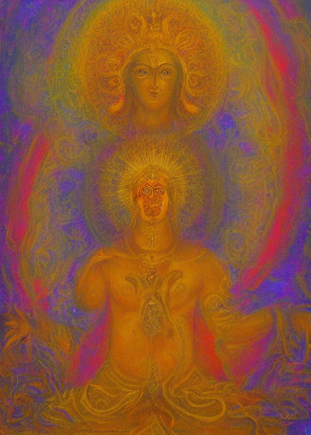 holy deva of the golden mythos beloved (dreamy) gnostic fog, award winning oil painting, chromatic aberration sharp colors