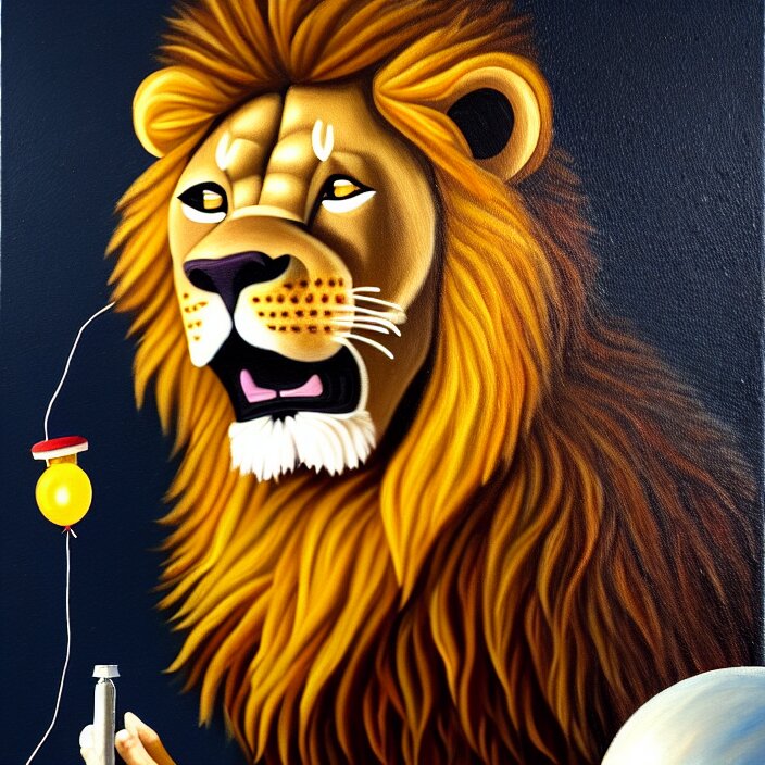 a painting of an anthropomorphic male lion scientist researching balloon physics, oil on canvas, furry, soft lighting, sharp focus 