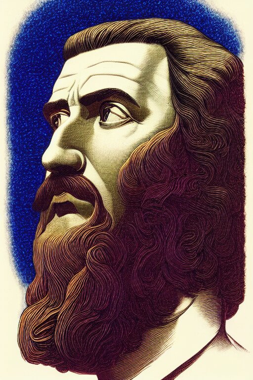 a vibrant ultraclear sideview waist up portrait of futuristoc jesus by rene magritte and laurie greasley, etching by gustave dore, colorful flat surreal, ethereal, intricate, sharp focus, illustration, highly detailed, digital painting, concept art, masterpiece 