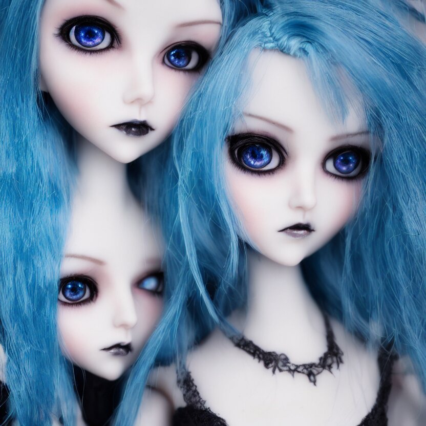 dollfie face portrait gothic, blue and bright eyes, zoomed in, less detailed, blue hair, blue and bright eyes. dollfie face portrait gothic, blue and bright eyes, less zoomed in, highly detailed