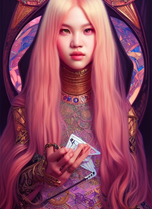 jossi of blackpink, king, tarot card, highly detailed, digital painting, smooth, sharp focus, illustration, ultra realistic, unreal engine, 8 k, art by artgerm and alphonse mucha 