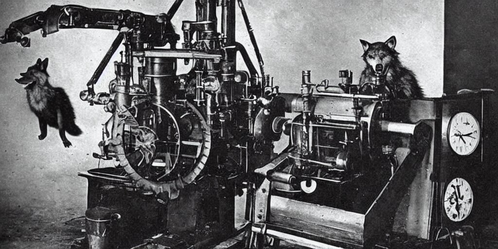 anthropomorphic furry wolf controlling an obscure machine that has been lost to time, 1900s photograph