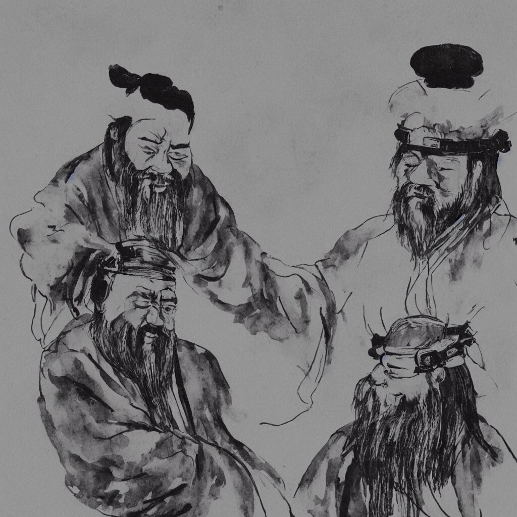 confucius wearing vr headset, chinese ink painting 