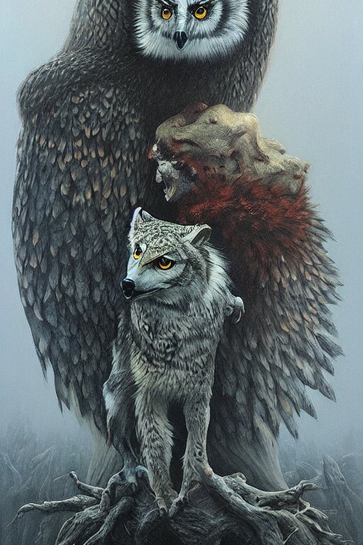 painting of hybrid between owl!!!! & wolf, intercrossed animal, by zdzislaw beksinski, by tiffany bozic, by chris buzelli, cold hue's, warm tone gradient background, concept art, beautiful composition, digital painting 