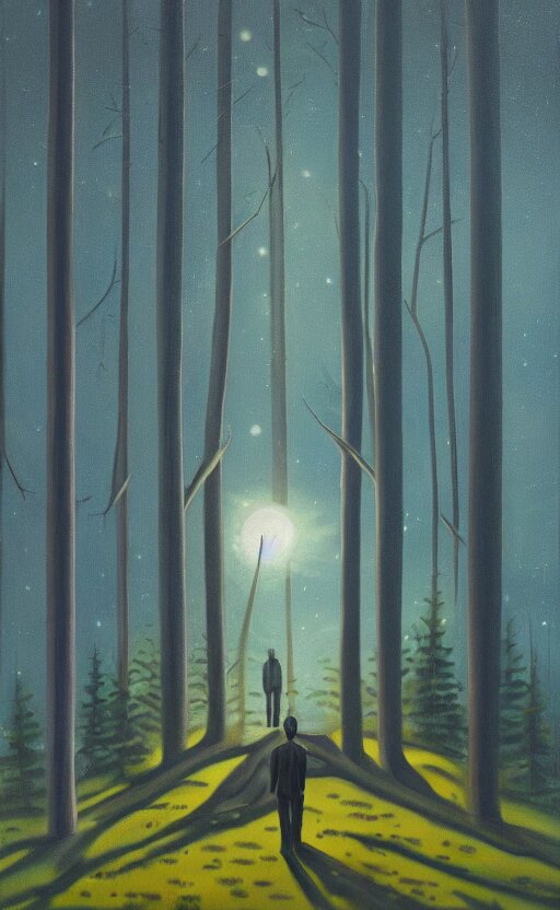 a dramatic yet peaceful surrealist oil painting of a moonlit lush dense spruce forest crossed with a city at night with a business man standing by a bonfire, trees with lots of leaves, city, there's a business man in a suit near the fire with his back turned away from the viewer, curved trees, the top of the trees have morphed into art deco skyscrapers pointing at the moon, new york skyscrapers in the night sky with lights in the windows, the painting has cold blues at the top and warm orange colors at the bottom, a cross between lush spruce trees and a city, colorful orange and blue gradient, bright orange camp fire, worm's eye view of a brutalist metropolis, city buildings on top of trees, fish eye lens, worm's eye view, brutalist office buildings, Chrysler Building, peaceful clear blue skies with fluffy clouds on a moonlit night