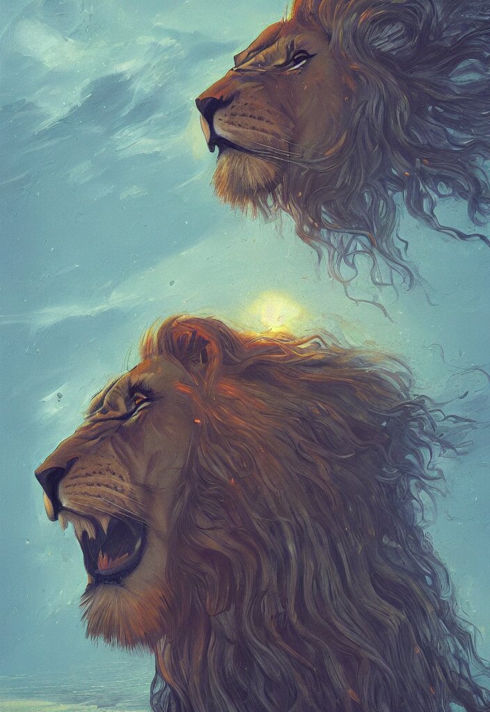 a portrait of a lion with a flowing mane looking directly at the camera by simon stalenhag and umberto boccioni. A dark, magical, fantasy, trending on artstation, digital art. Add a background