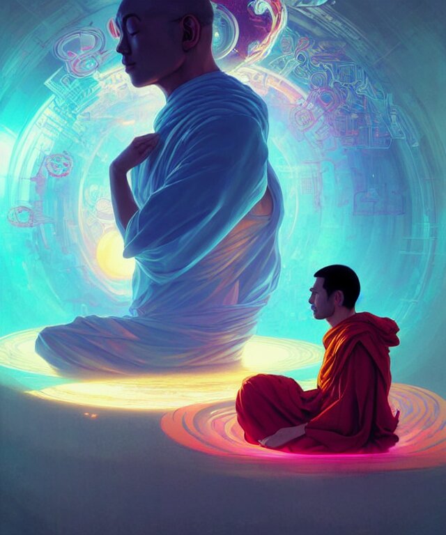 a floating monk, meditating, wearing netrunner clothing, vaporwave aesthetic, colorful, psychedelic, digital painting, artstation, concept art, smooth, sharp focus, illustration, art by artgerm and greg rutkowski and alphonse mucha 