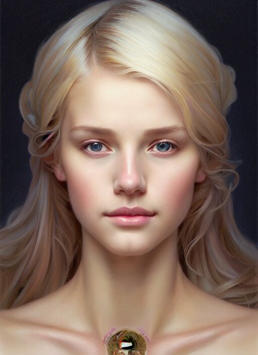 beautiful feminine face! portrait of young girl blessed by god with ever - increasing physical and mental perfection, blonde hair, symmetrical! intricate, elegant, highly detailed, vision of holy perfection!! smile, digital painting, artstation, concept art, smooth, sharp focus, illustration, art by artgerm and greg rutkowski and alphonse mucha