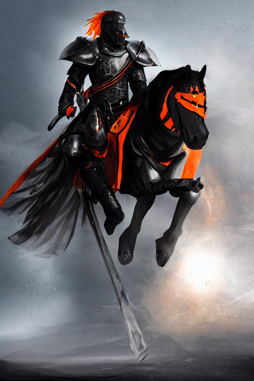 a digital photograph of an african american knight in heavy black parmor with orange trim, wearing a black elegant cape flowing in the wind, the knight holds a black sword in one hand, the knight is riding a black horse with mechanized armor who is galloping, extremely detailed, unreal engine, concept art, 8k, with a stormy sky. make it a 3D model and add a stormy sky