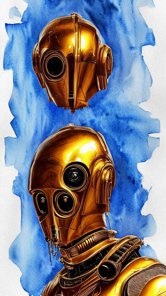 a portrait of c - 3 po in a watercolor style. faded wash. color harmony, 8 k detail, gallery quality, hd wallpaper, premium prints available, hyper - detailed, intricate design. 