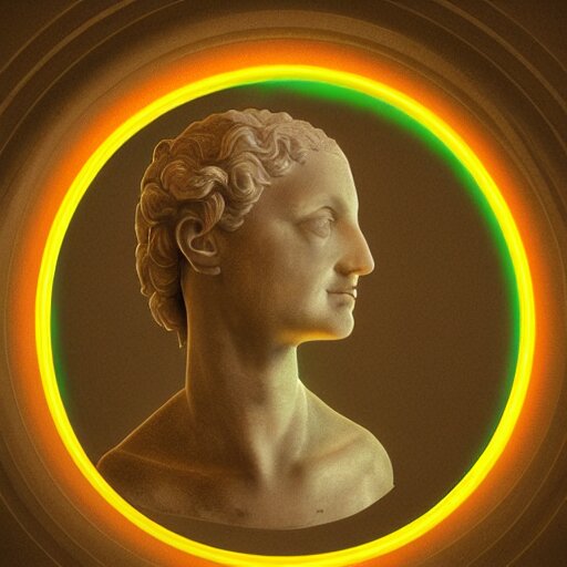 a perfect neon circle surrounding the head of a renaissance statue, 3 d render 