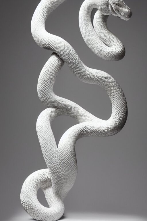 porcelain snake sculpture by daniel arsham, smooth, all white features on a white background, delicate feature's 
