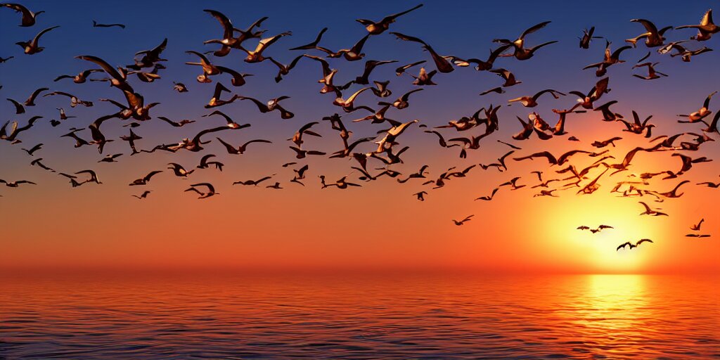 seagulls flying over the ocean during the sunset, realistic 