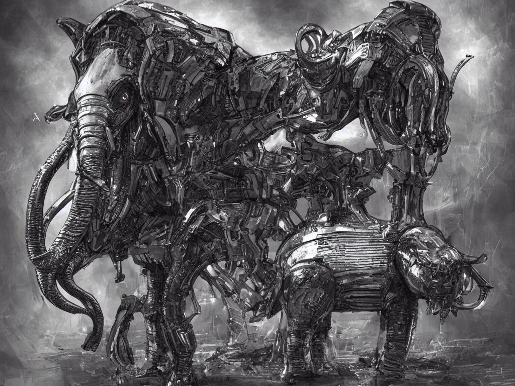 a antropomorphic cyborg xenomorphic elephant sited in a throne 